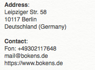boKens's address, mail contact, tax number